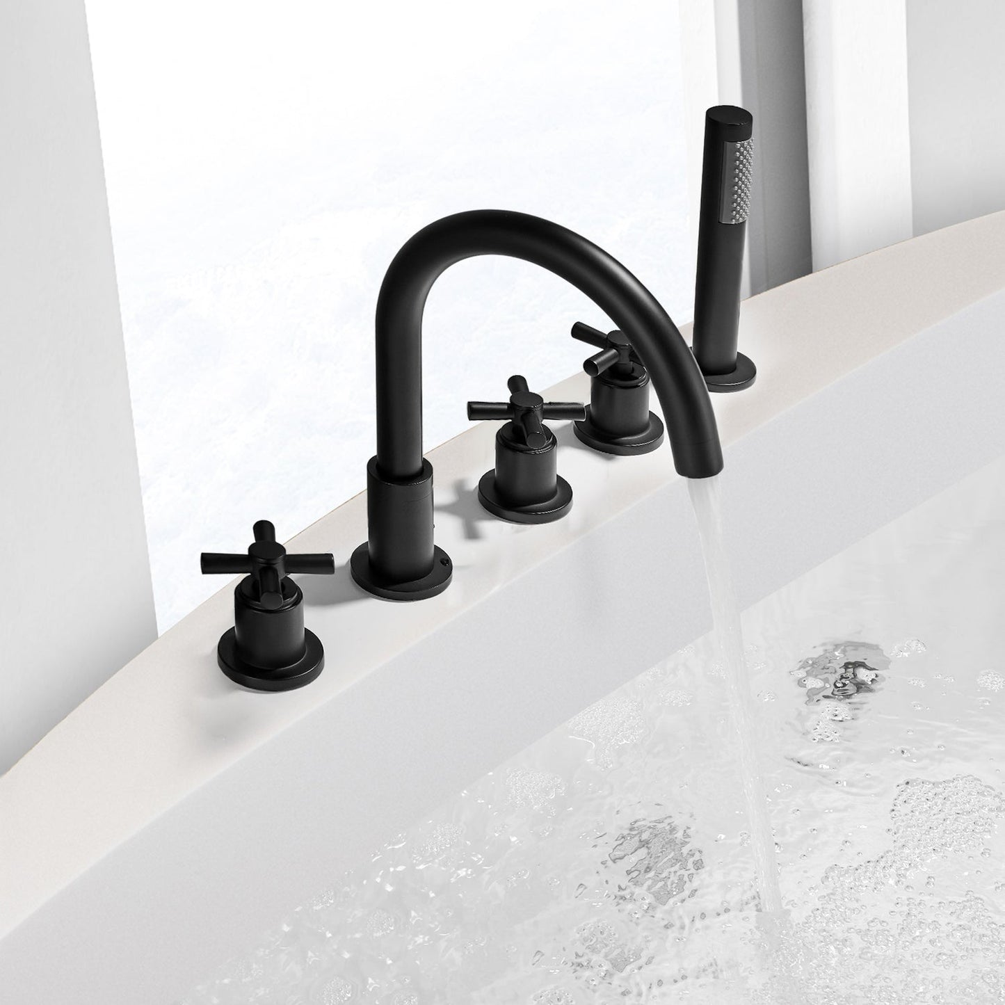 Altair Sorlia Matte Black Cross Handles Deck-mounted Bathtub Faucet With Handshower