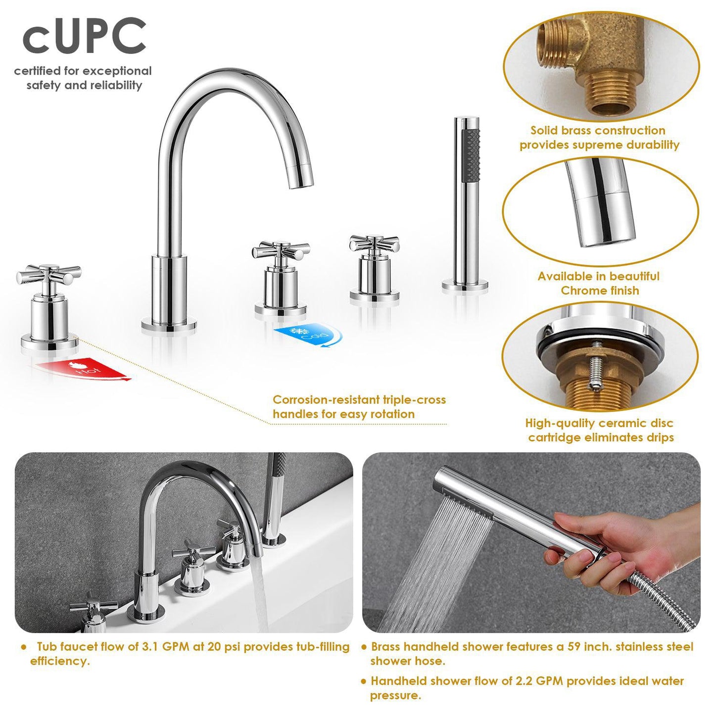 Altair Sorlia Polished Chome Cross Handles Deck-mounted Bathtub Faucet With Handshower