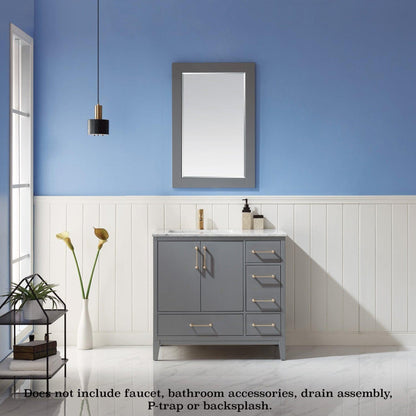 Altair Sutton 36" Single Gray Freestanding Bathroom Vanity Set With Mirror, Natural Carrara White Marble Rectangular Undermount Ceramic Sink, and Overflow