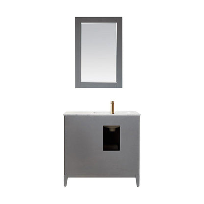 Altair Sutton 36" Single Gray Freestanding Bathroom Vanity Set With Mirror, Natural Carrara White Marble Rectangular Undermount Ceramic Sink, and Overflow