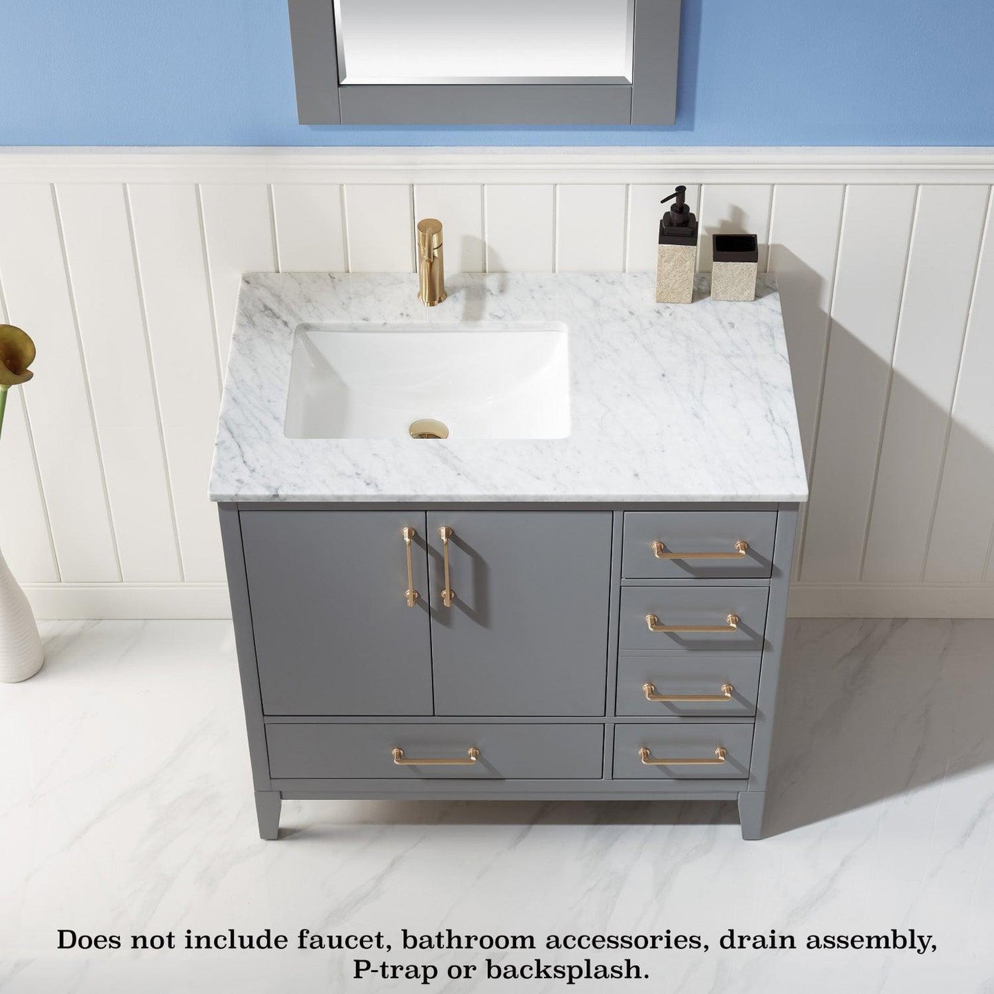 Altair Sutton 36" Single Gray Freestanding Bathroom Vanity Set With Mirror, Natural Carrara White Marble Rectangular Undermount Ceramic Sink, and Overflow