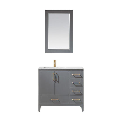 Altair Sutton 36" Single Gray Freestanding Bathroom Vanity Set With Mirror, Natural Carrara White Marble Rectangular Undermount Ceramic Sink, and Overflow