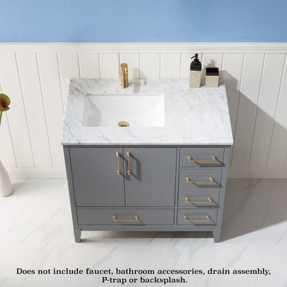 Altair Sutton 36" Single Gray Freestanding Bathroom Vanity Set With Natural Carrara White Marble Rectangular Undermount Ceramic Sink, and Overflow