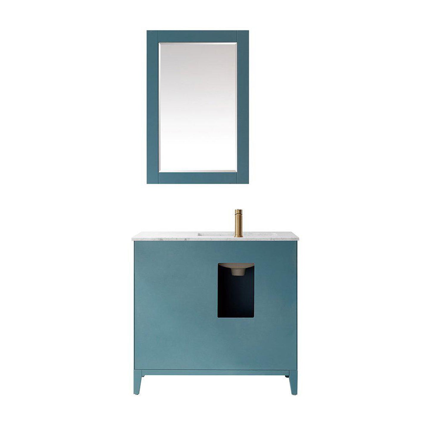 Altair Sutton 36" Single Royal Green Freestanding Bathroom Vanity Set With Mirror, Natural Carrara White Marble Rectangular Undermount Ceramic Sink, and Overflow