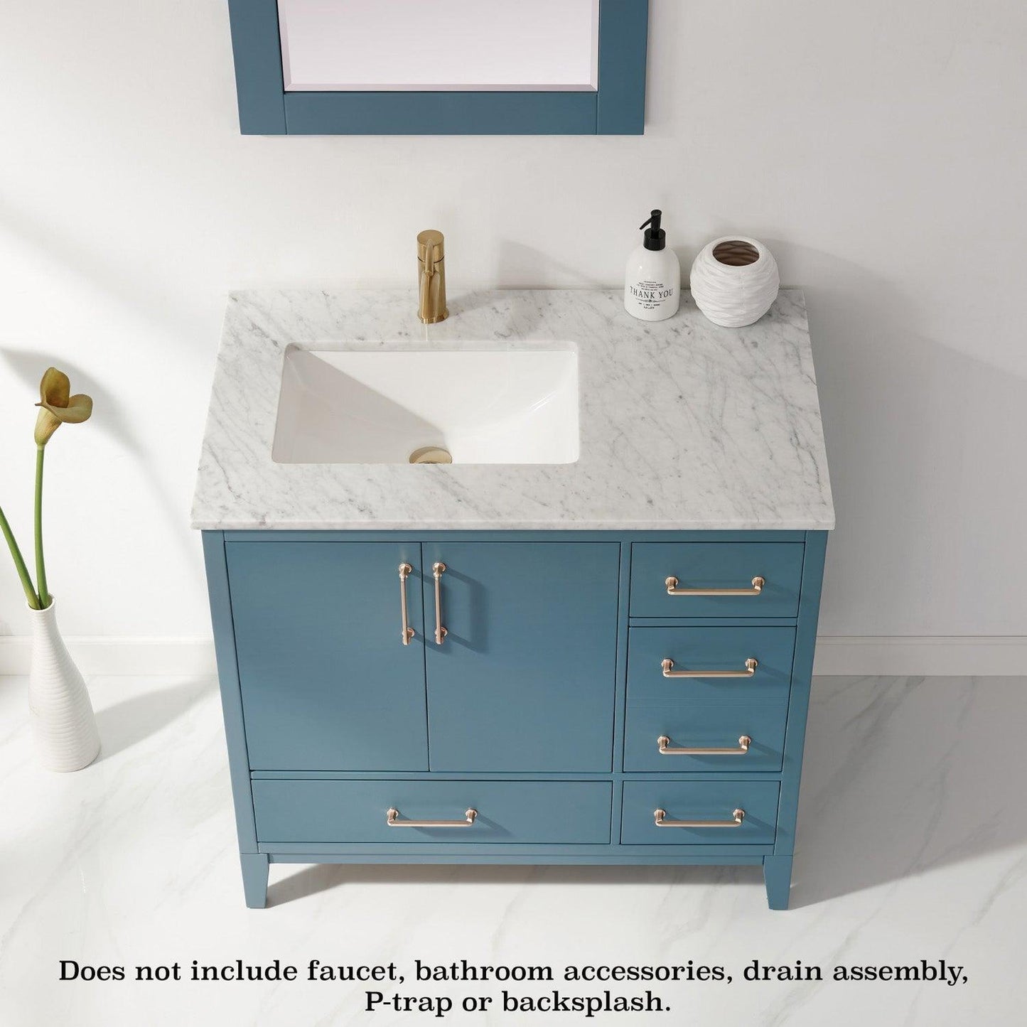 Altair Sutton 36" Single Royal Green Freestanding Bathroom Vanity Set With Mirror, Natural Carrara White Marble Rectangular Undermount Ceramic Sink, and Overflow