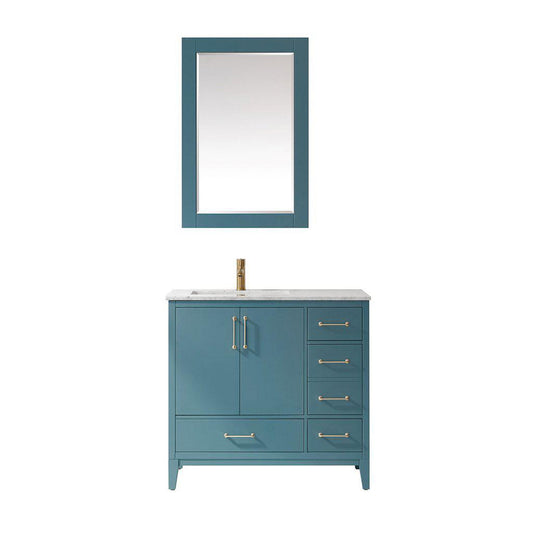 Altair Sutton 36" Single Royal Green Freestanding Bathroom Vanity Set With Mirror, Natural Carrara White Marble Rectangular Undermount Ceramic Sink, and Overflow