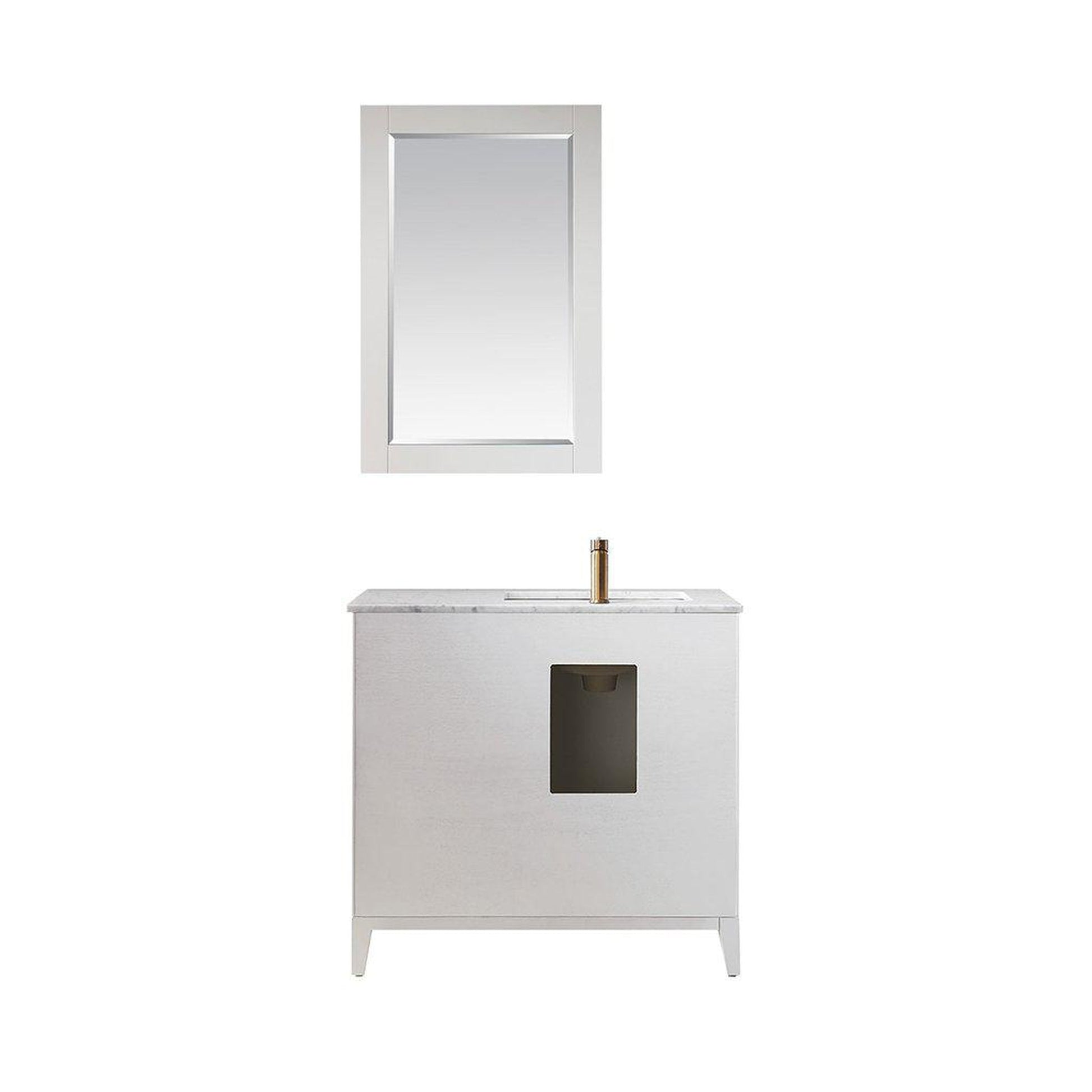 Altair Sutton 36" Single White Freestanding Bathroom Vanity Set With Mirror, Natural Carrara White Marble Rectangular Undermount Ceramic Sink, and Overflow