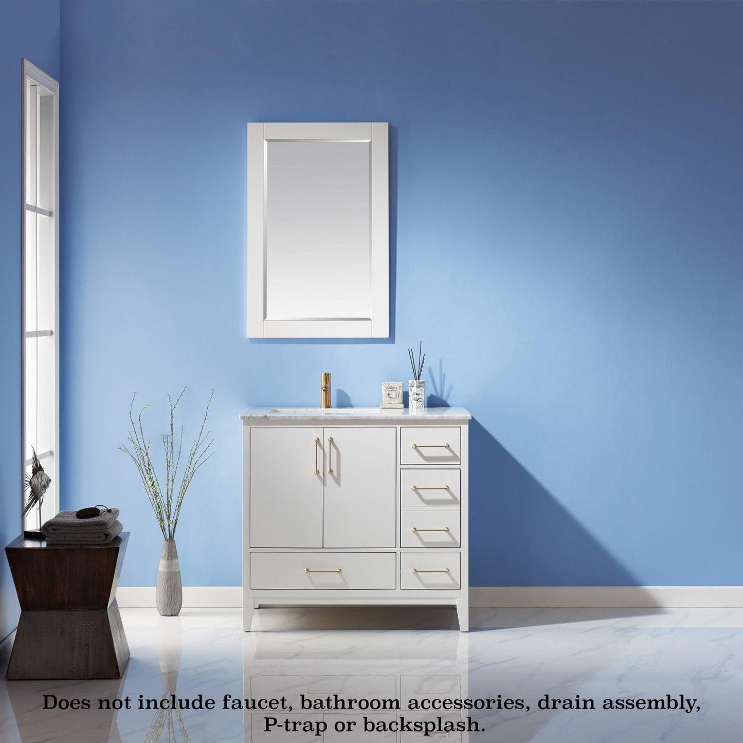 Altair Sutton 36" Single White Freestanding Bathroom Vanity Set With Mirror, Natural Carrara White Marble Rectangular Undermount Ceramic Sink, and Overflow