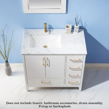 Altair Sutton 36" Single White Freestanding Bathroom Vanity Set With Mirror, Natural Carrara White Marble Rectangular Undermount Ceramic Sink, and Overflow