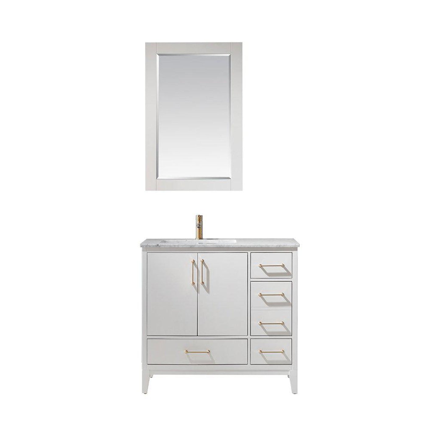 Altair Sutton 36" Single White Freestanding Bathroom Vanity Set With Mirror, Natural Carrara White Marble Rectangular Undermount Ceramic Sink, and Overflow