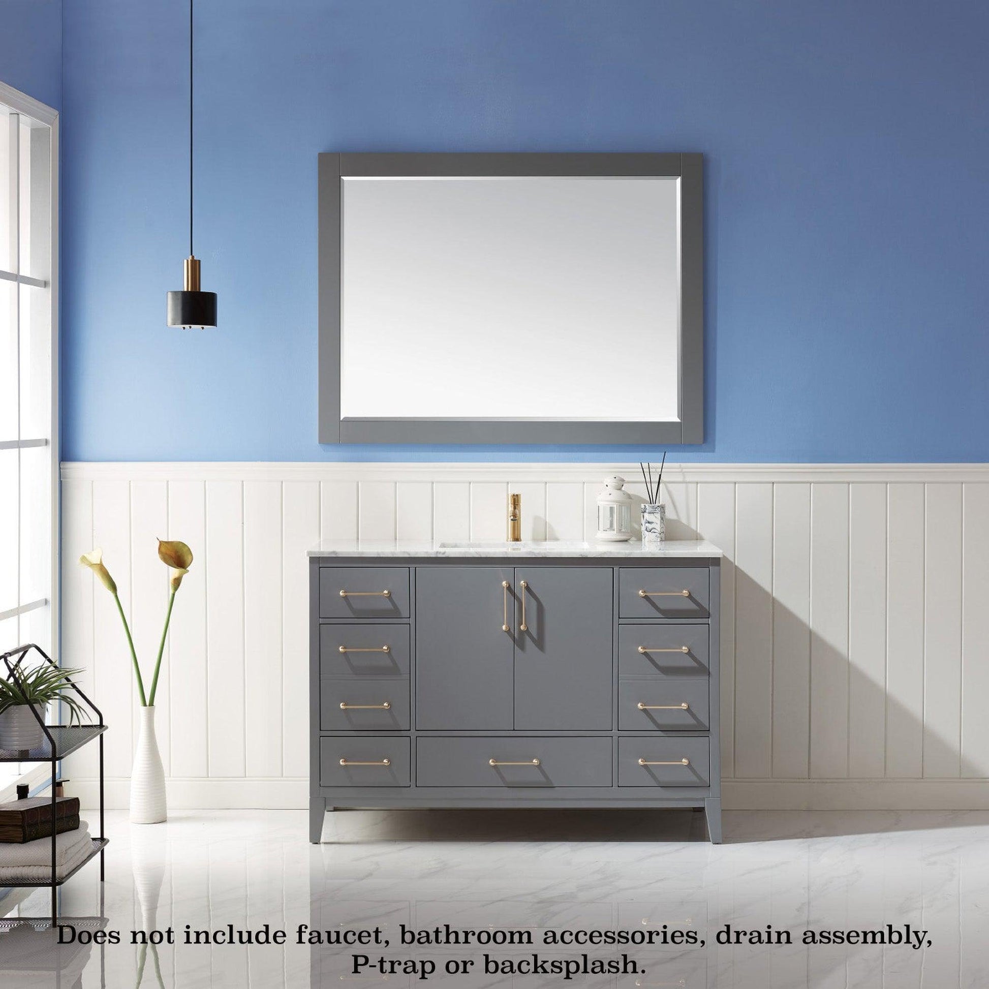Altair Sutton 48" Single Gray Freestanding Bathroom Vanity Set With Mirror, Natural Carrara White Marble Rectangular Undermount Ceramic Sink, and Overflow