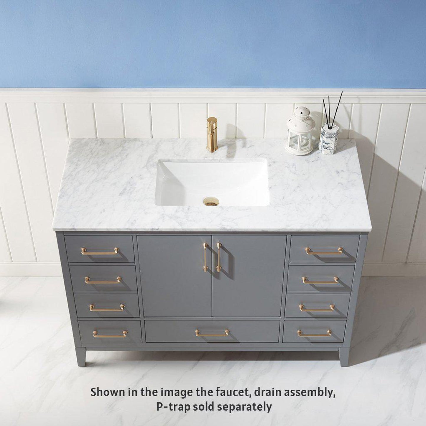 Altair Sutton 48" Single Gray Freestanding Bathroom Vanity Set With Natural Carrara White Marble Rectangular Undermount Ceramic Sink, and Overflow