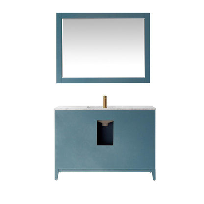 Altair Sutton 48" Single Royal Green Freestanding Bathroom Vanity Set With Mirror, Natural Carrara White Marble Rectangular Undermount Ceramic Sink, and Overflow