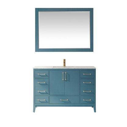 Altair Sutton 48" Single Royal Green Freestanding Bathroom Vanity Set With Mirror, Natural Carrara White Marble Rectangular Undermount Ceramic Sink, and Overflow