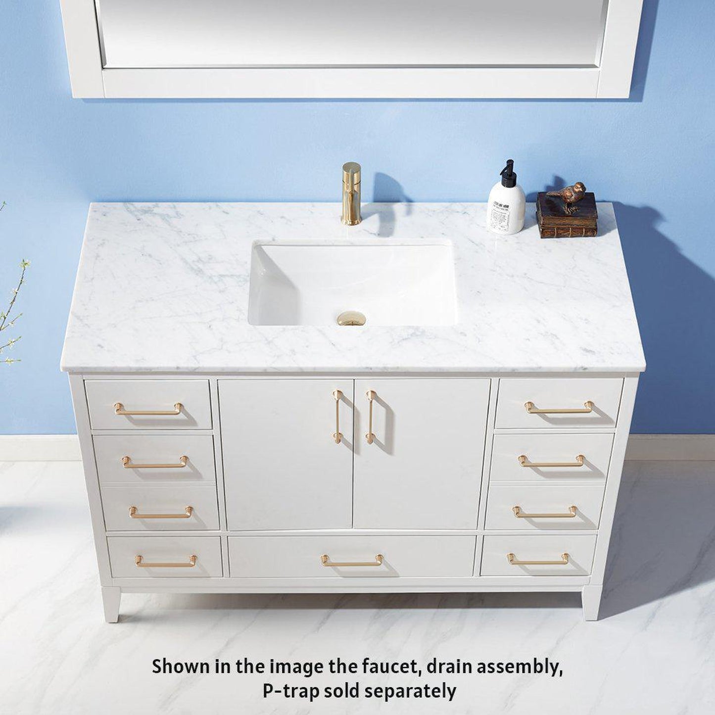 Altair Sutton 48" Single White Freestanding Bathroom Vanity Set With Mirror, Natural Carrara White Marble Rectangular Undermount Ceramic Sink, and Overflow