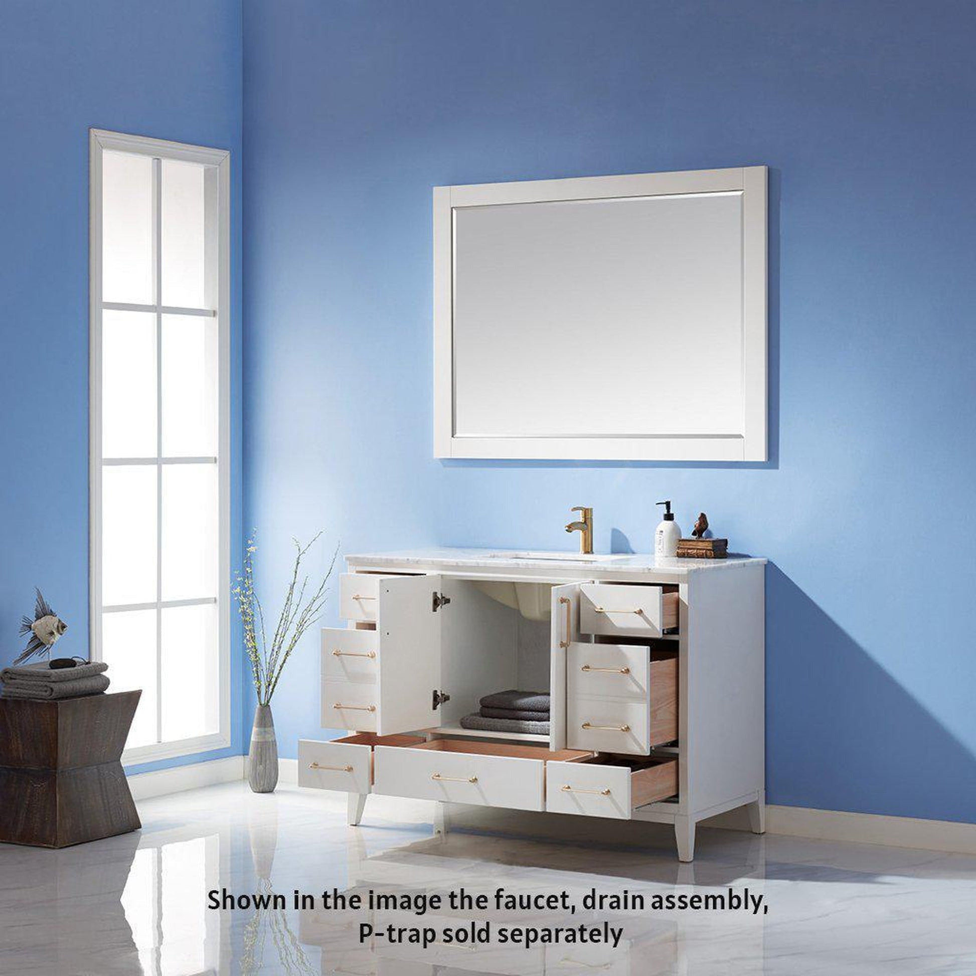 Altair Sutton 48" Single White Freestanding Bathroom Vanity Set With Mirror, Natural Carrara White Marble Rectangular Undermount Ceramic Sink, and Overflow