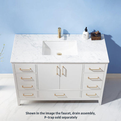 Altair Sutton 48" Single White Freestanding Bathroom Vanity Set With Natural Carrara White Marble Rectangular Undermount Ceramic Sink, and Overflow