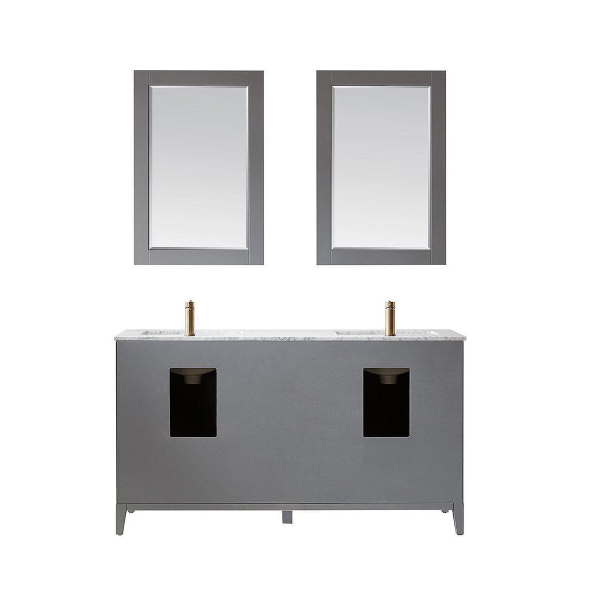 Altair Sutton 60" Double Gray Freestanding Bathroom Vanity Set With Mirror, Natural Carrara White Marble Two Rectangular Undermount Ceramic Sinks, and Overflow