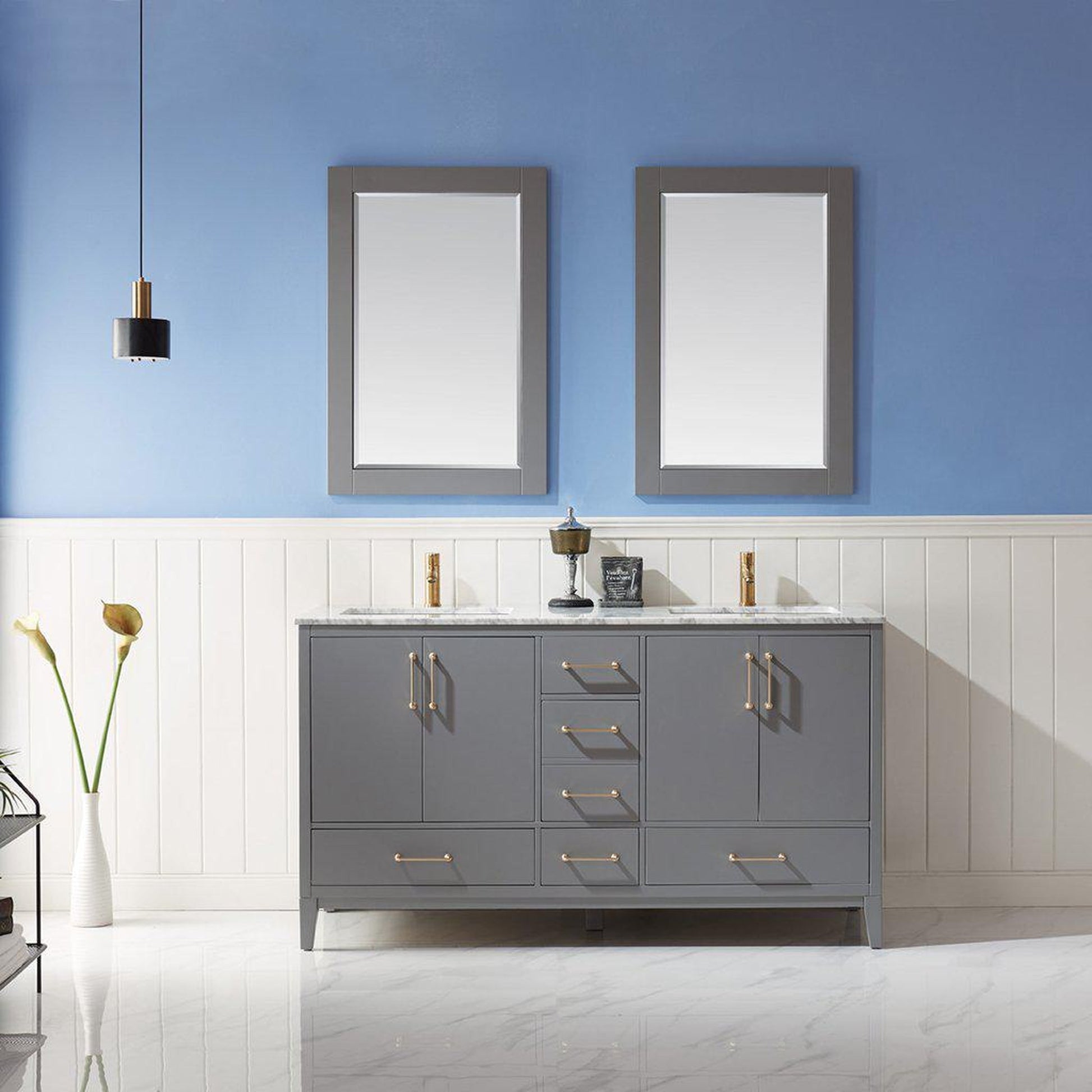 Altair Sutton 60" Double Gray Freestanding Bathroom Vanity Set With Mirror, Natural Carrara White Marble Two Rectangular Undermount Ceramic Sinks, and Overflow