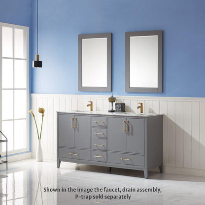 Altair Sutton 60" Double Gray Freestanding Bathroom Vanity Set With Mirror, Natural Carrara White Marble Two Rectangular Undermount Ceramic Sinks, and Overflow