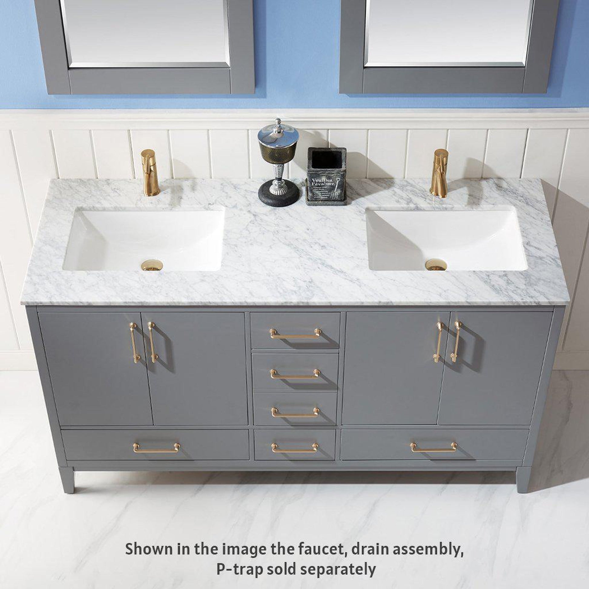 Altair Sutton 60" Double Gray Freestanding Bathroom Vanity Set With Mirror, Natural Carrara White Marble Two Rectangular Undermount Ceramic Sinks, and Overflow