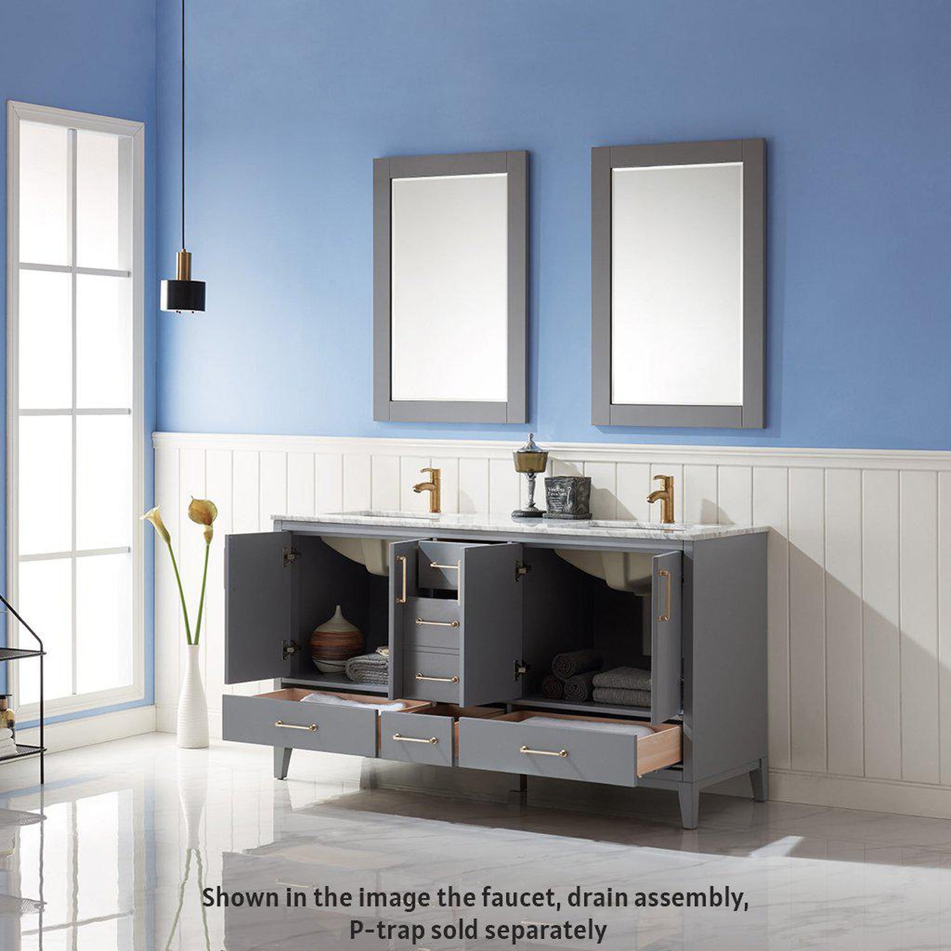 Altair Sutton 60" Double Gray Freestanding Bathroom Vanity Set With Mirror, Natural Carrara White Marble Two Rectangular Undermount Ceramic Sinks, and Overflow