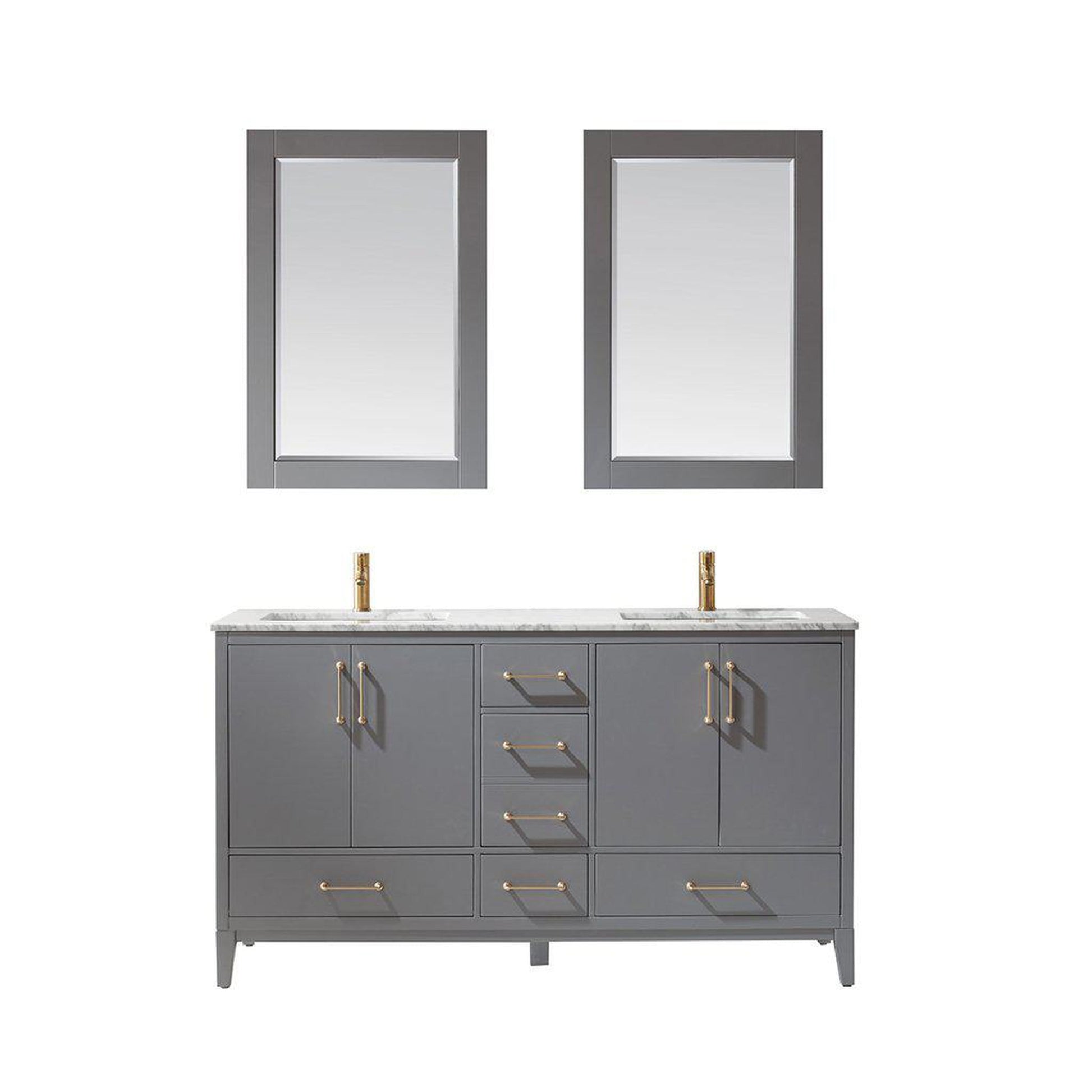 Altair Sutton 60" Double Gray Freestanding Bathroom Vanity Set With Mirror, Natural Carrara White Marble Two Rectangular Undermount Ceramic Sinks, and Overflow