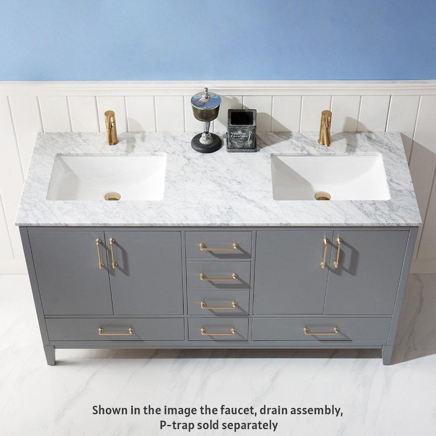 Altair Sutton 60" Double Gray Freestanding Bathroom Vanity Set With Natural Carrara White Marble Two Rectangular Undermount Ceramic Sinks, and Overflow