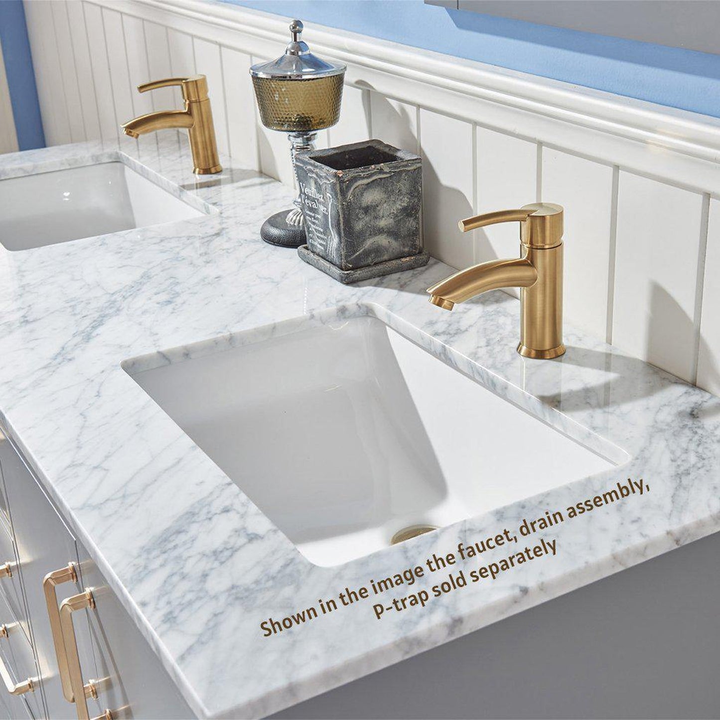 Altair Sutton 60" Double Gray Freestanding Bathroom Vanity Set With Natural Carrara White Marble Two Rectangular Undermount Ceramic Sinks, and Overflow