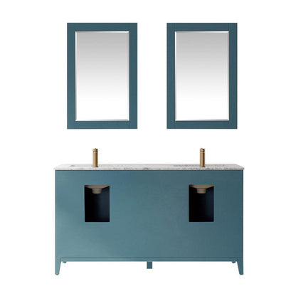 Altair Sutton 60" Double Royal Green Freestanding Bathroom Vanity Set With Mirror, Natural Carrara White Marble Two Rectangular Undermount Ceramic Sinks, and Overflow