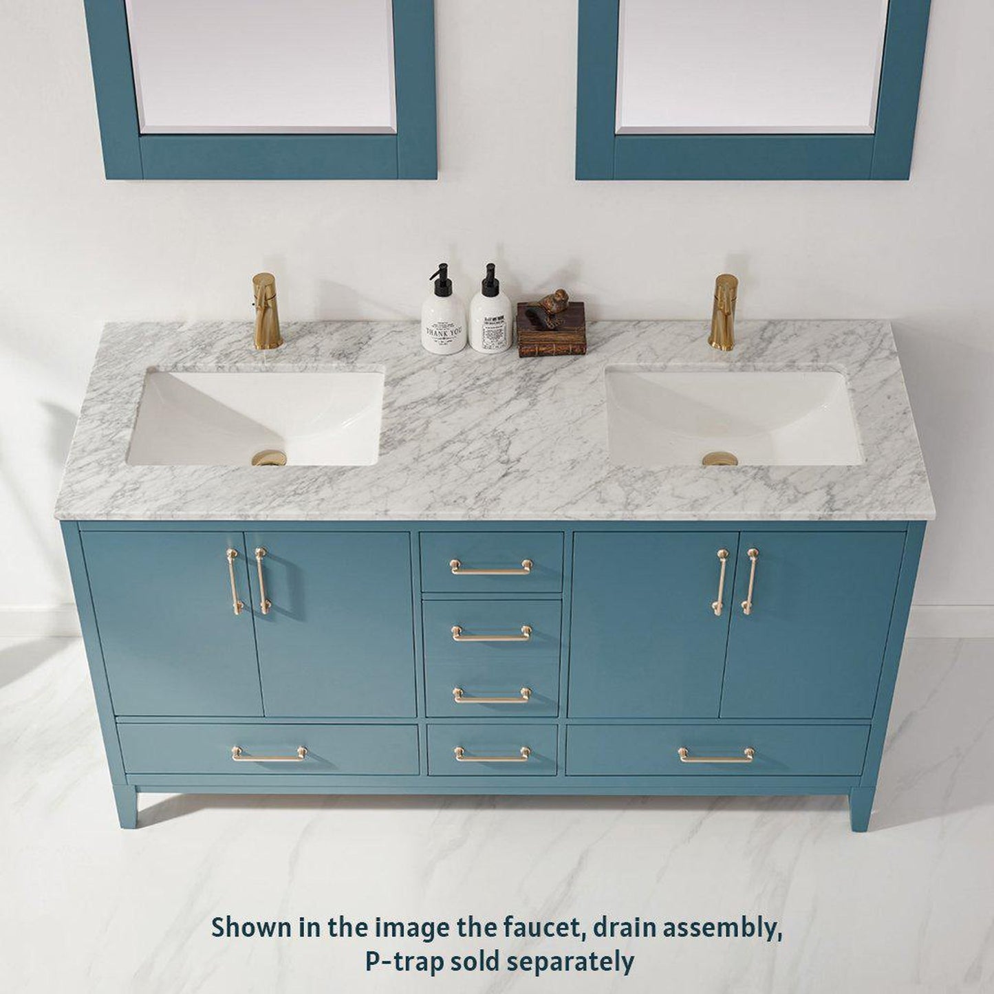 Altair Sutton 60" Double Royal Green Freestanding Bathroom Vanity Set With Mirror, Natural Carrara White Marble Two Rectangular Undermount Ceramic Sinks, and Overflow