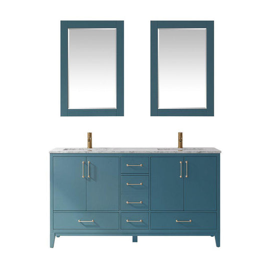 Altair Sutton 60" Double Royal Green Freestanding Bathroom Vanity Set With Mirror, Natural Carrara White Marble Two Rectangular Undermount Ceramic Sinks, and Overflow