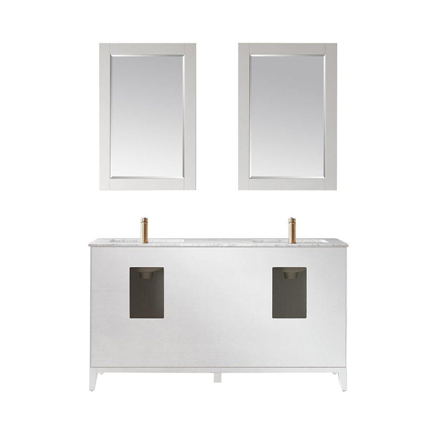 Altair Sutton 60" Double White Freestanding Bathroom Vanity Set With Mirror, Natural Carrara White Marble Two Rectangular Undermount Ceramic Sinks, and Overflow