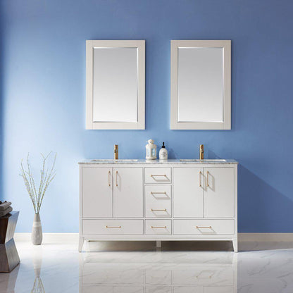 Altair Sutton 60" Double White Freestanding Bathroom Vanity Set With Mirror, Natural Carrara White Marble Two Rectangular Undermount Ceramic Sinks, and Overflow