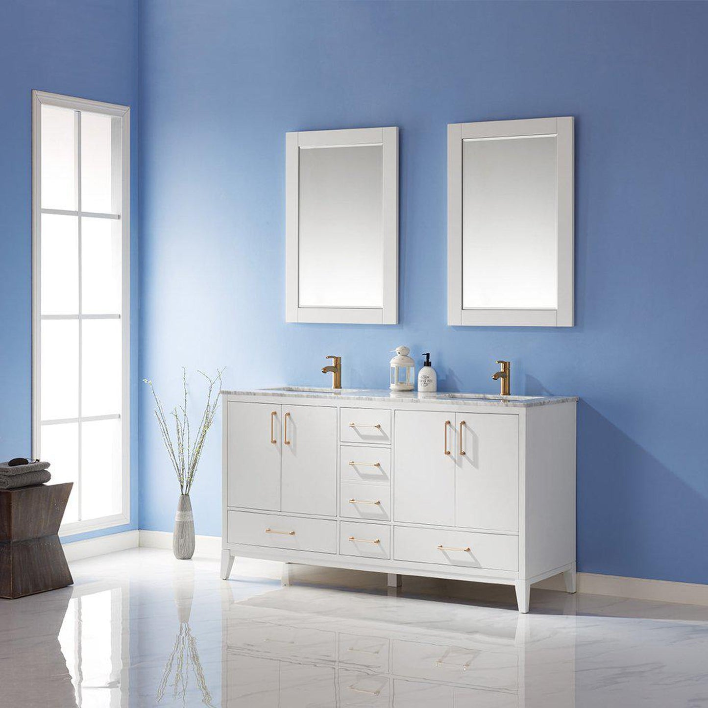 Altair Sutton 60" Double White Freestanding Bathroom Vanity Set With Mirror, Natural Carrara White Marble Two Rectangular Undermount Ceramic Sinks, and Overflow