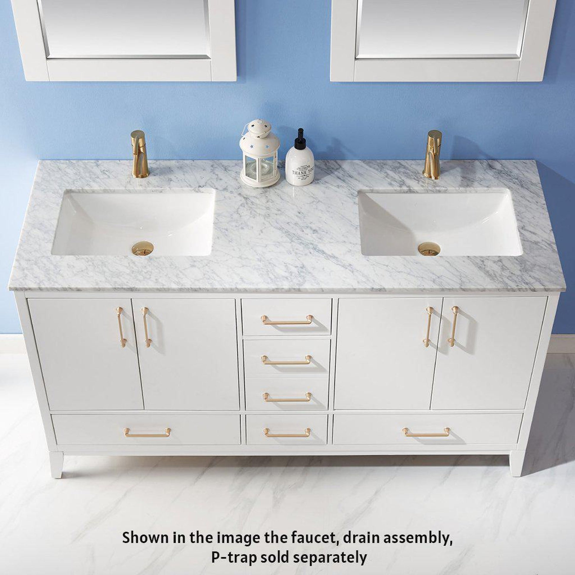 Altair Sutton 60" Double White Freestanding Bathroom Vanity Set With Mirror, Natural Carrara White Marble Two Rectangular Undermount Ceramic Sinks, and Overflow