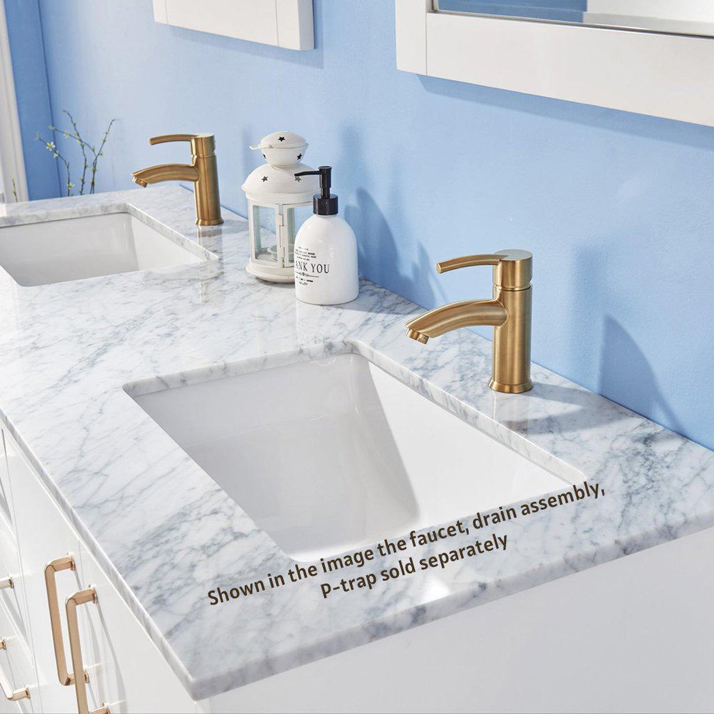 Altair Sutton 60" Double White Freestanding Bathroom Vanity Set With Mirror, Natural Carrara White Marble Two Rectangular Undermount Ceramic Sinks, and Overflow