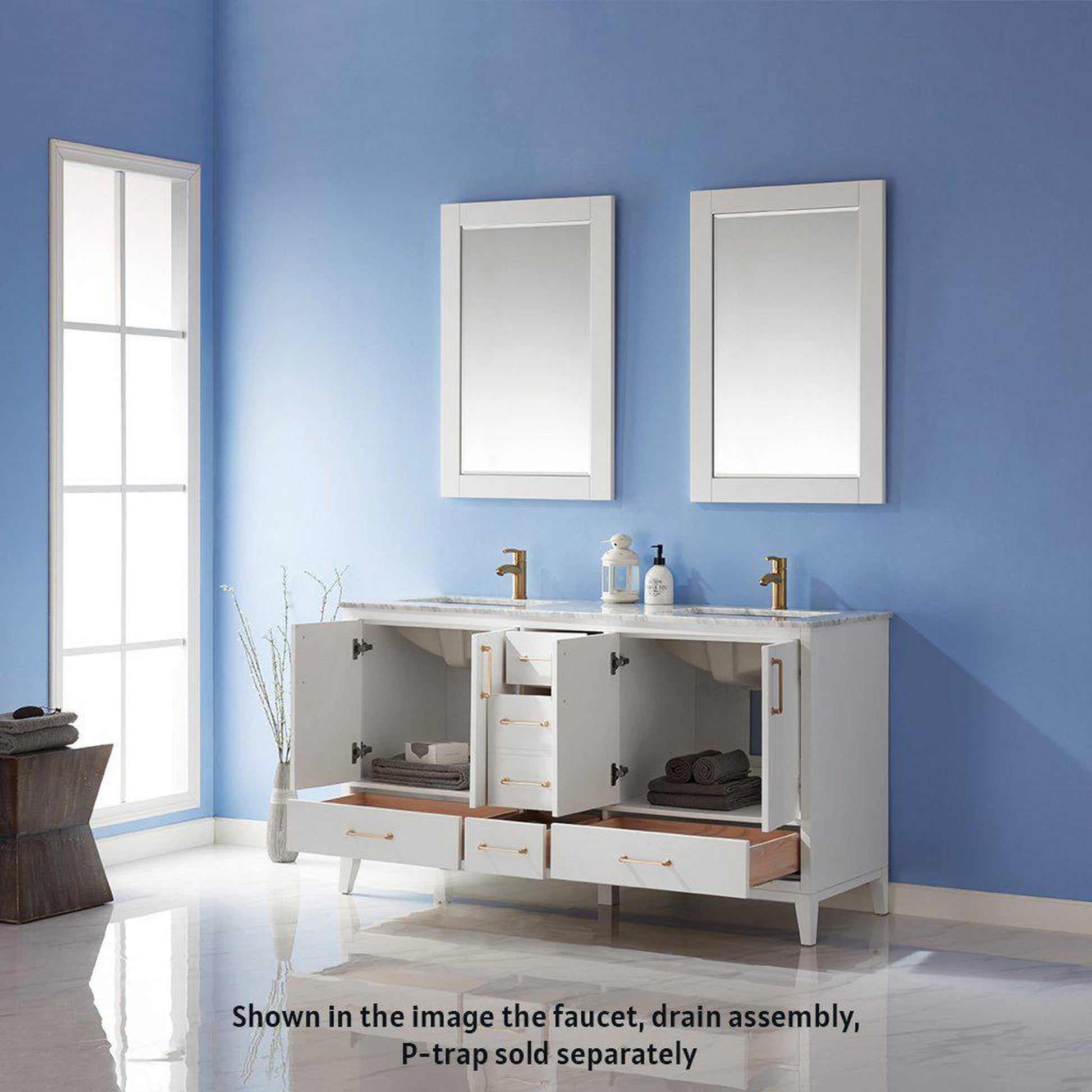 Altair Sutton 60" Double White Freestanding Bathroom Vanity Set With Mirror, Natural Carrara White Marble Two Rectangular Undermount Ceramic Sinks, and Overflow