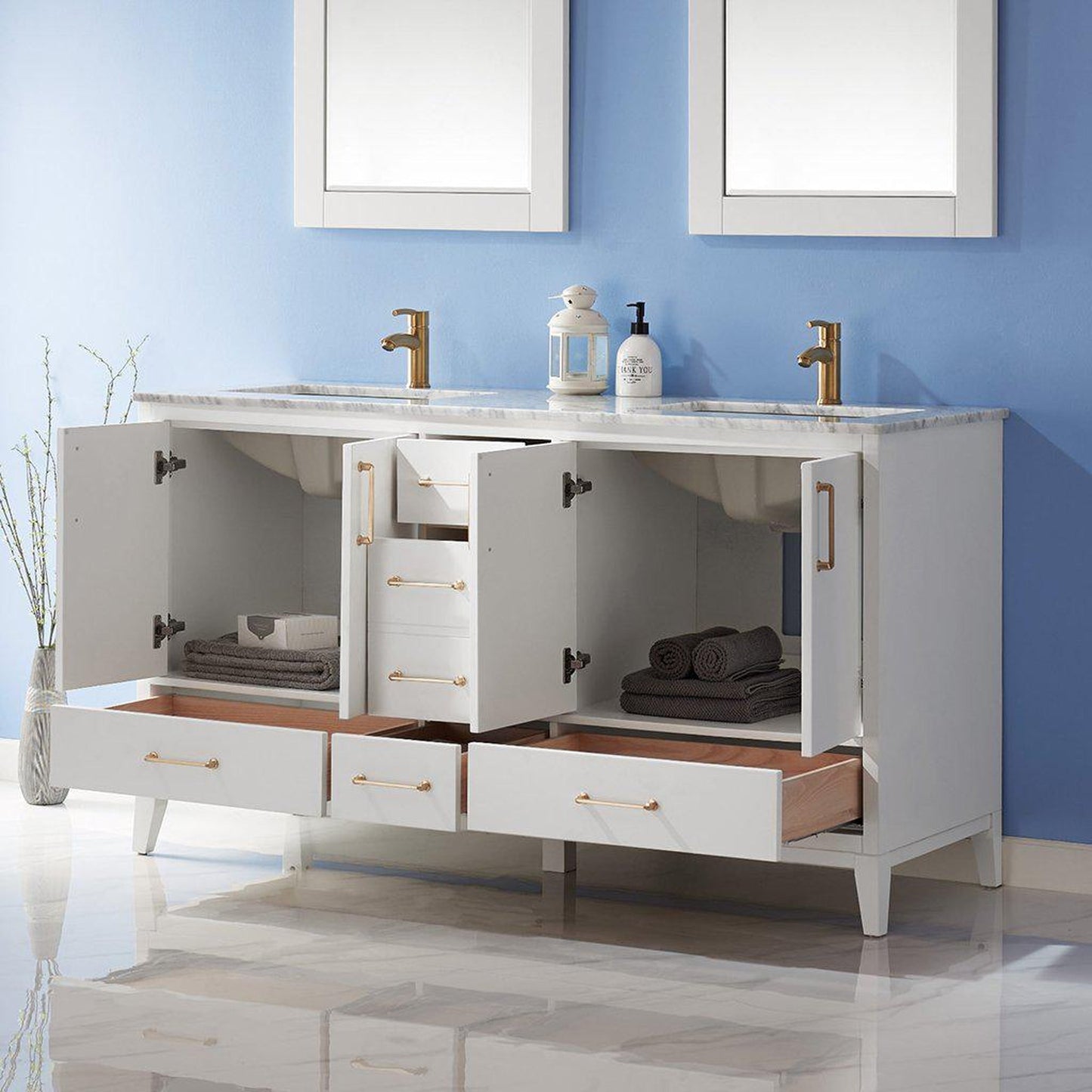 Altair Sutton 60" Double White Freestanding Bathroom Vanity Set With Mirror, Natural Carrara White Marble Two Rectangular Undermount Ceramic Sinks, and Overflow