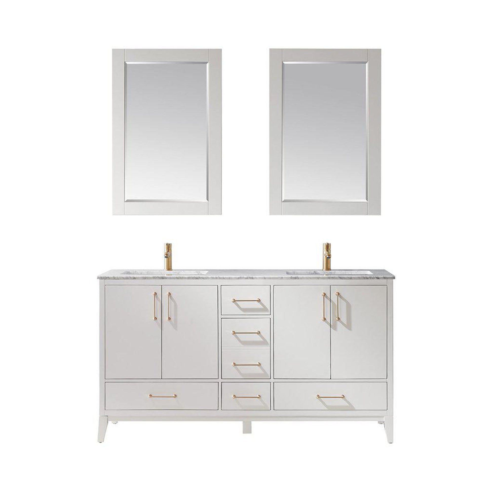 Altair Sutton 60" Double White Freestanding Bathroom Vanity Set With Mirror, Natural Carrara White Marble Two Rectangular Undermount Ceramic Sinks, and Overflow