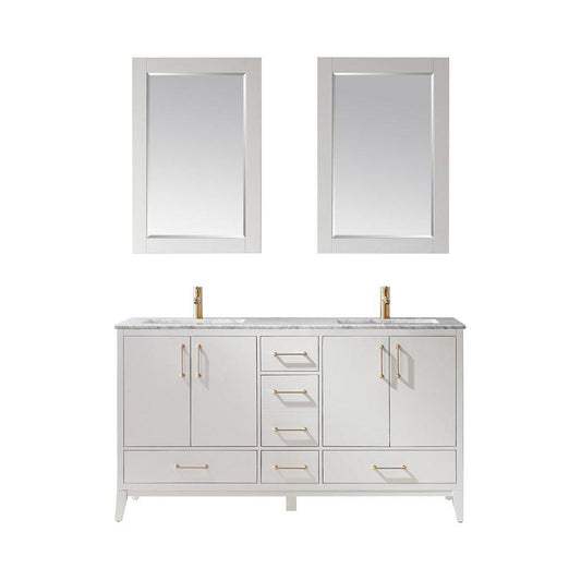 Altair Sutton 60" Double White Freestanding Bathroom Vanity Set With Mirror, Natural Carrara White Marble Two Rectangular Undermount Ceramic Sinks, and Overflow