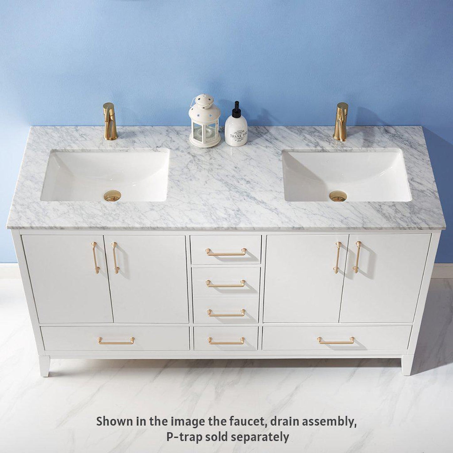 Altair Sutton 60" Double White Freestanding Bathroom Vanity Set With Natural Carrara White Marble Two Rectangular Undermount Ceramic Sinks, and Overflow