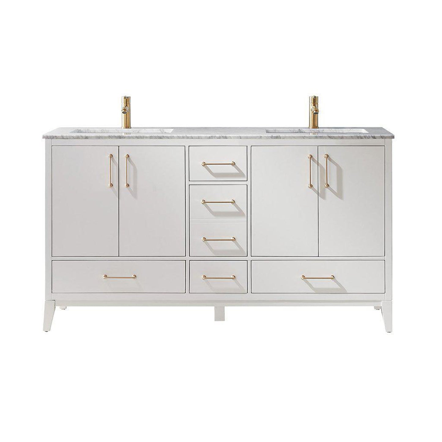 Altair Sutton 60" Double White Freestanding Bathroom Vanity Set With Natural Carrara White Marble Two Rectangular Undermount Ceramic Sinks, and Overflow