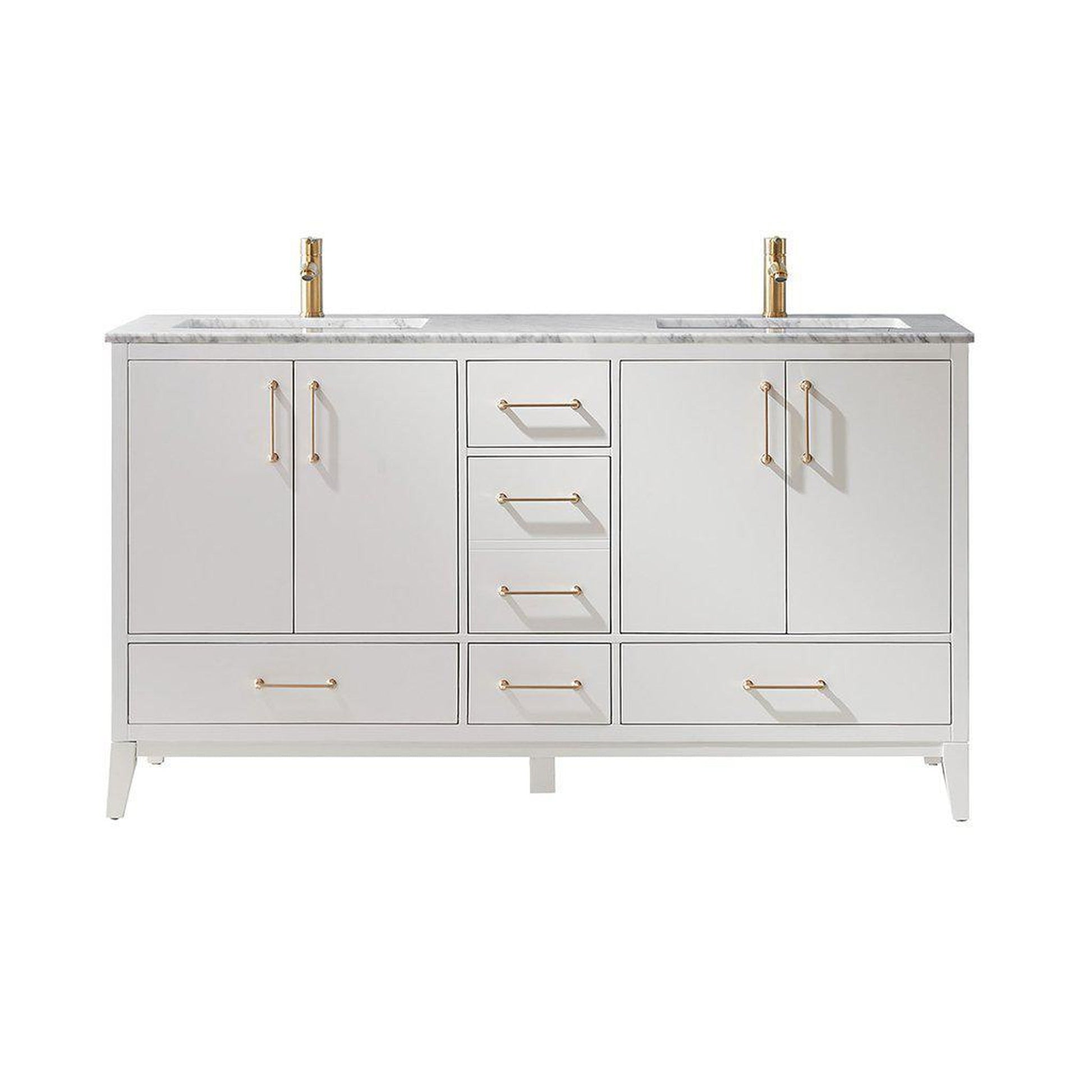 Altair Sutton 60" Double White Freestanding Bathroom Vanity Set With Natural Carrara White Marble Two Rectangular Undermount Ceramic Sinks, and Overflow