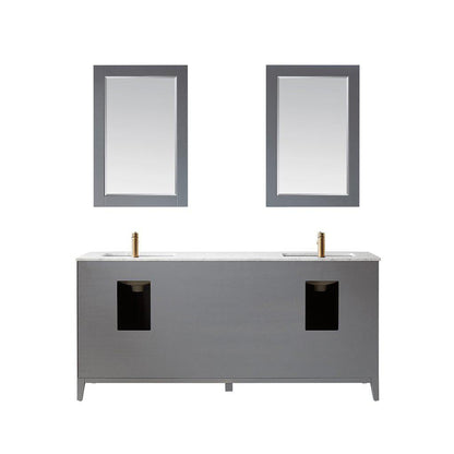 Altair Sutton 72" Double Gray Freestanding Bathroom Vanity Set With Mirror, Natural Carrara White Marble Two Rectangular Undermount Ceramic Sinks, and Overflow