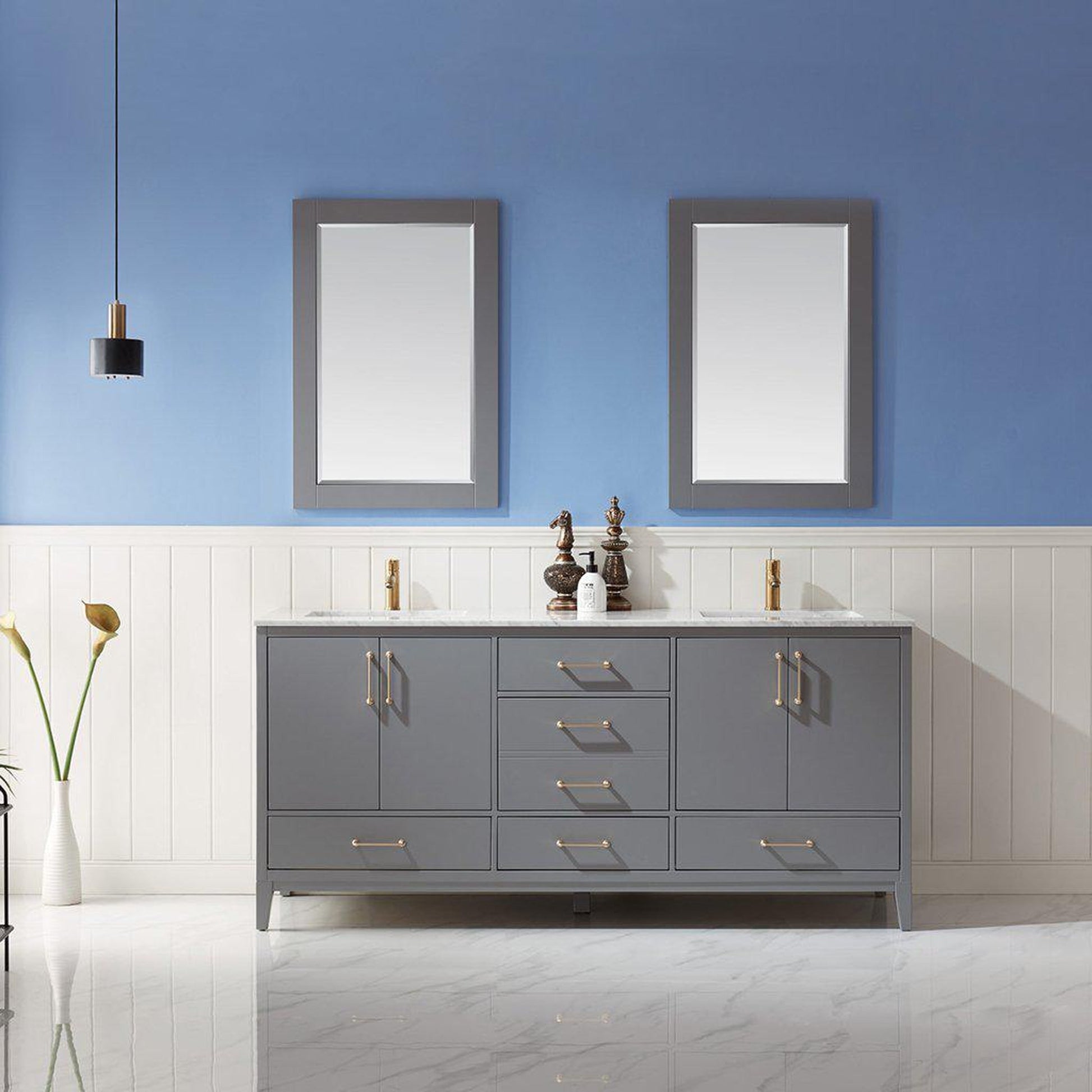 Altair Sutton 72" Double Gray Freestanding Bathroom Vanity Set With Mirror, Natural Carrara White Marble Two Rectangular Undermount Ceramic Sinks, and Overflow