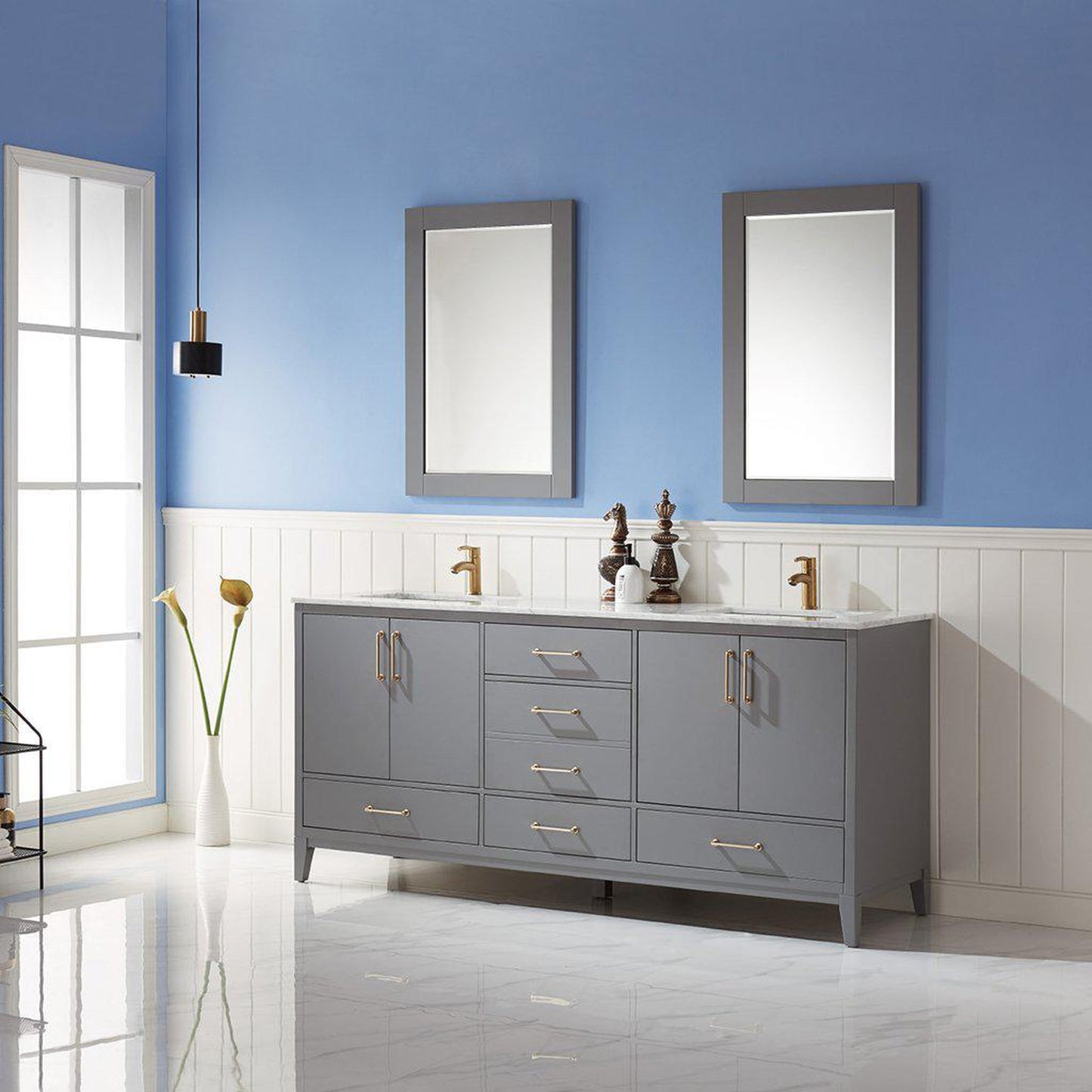 Altair Sutton 72" Double Gray Freestanding Bathroom Vanity Set With Mirror, Natural Carrara White Marble Two Rectangular Undermount Ceramic Sinks, and Overflow