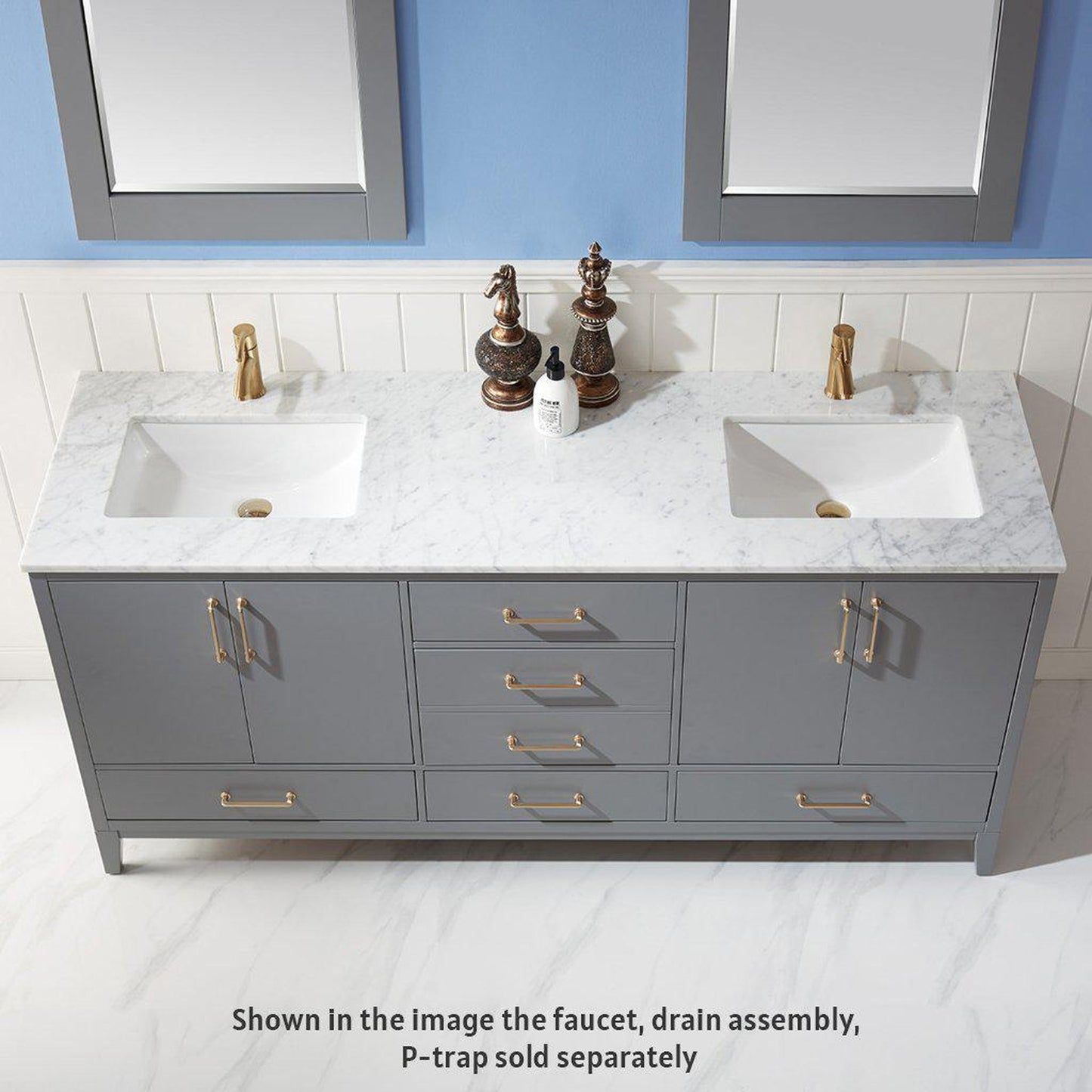 Altair Sutton 72" Double Gray Freestanding Bathroom Vanity Set With Mirror, Natural Carrara White Marble Two Rectangular Undermount Ceramic Sinks, and Overflow