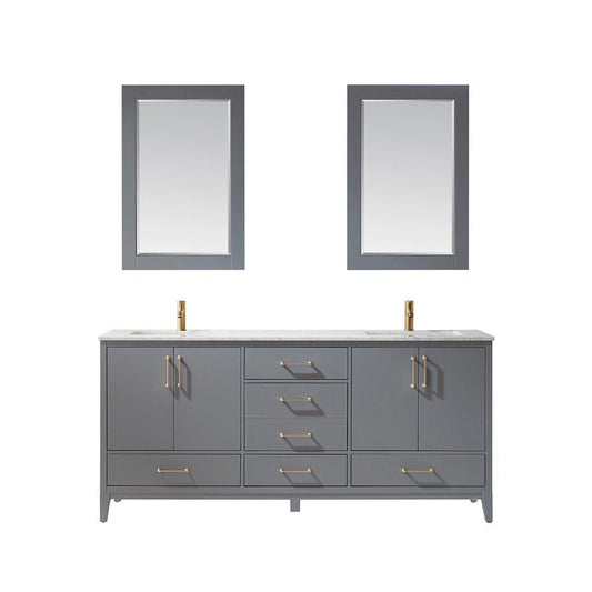 Altair Sutton 72" Double Gray Freestanding Bathroom Vanity Set With Mirror, Natural Carrara White Marble Two Rectangular Undermount Ceramic Sinks, and Overflow