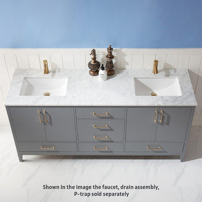 Altair Sutton 72" Double Gray Freestanding Bathroom Vanity Set With Natural Carrara White Marble Two Rectangular Undermount Ceramic Sinks, and Overflow